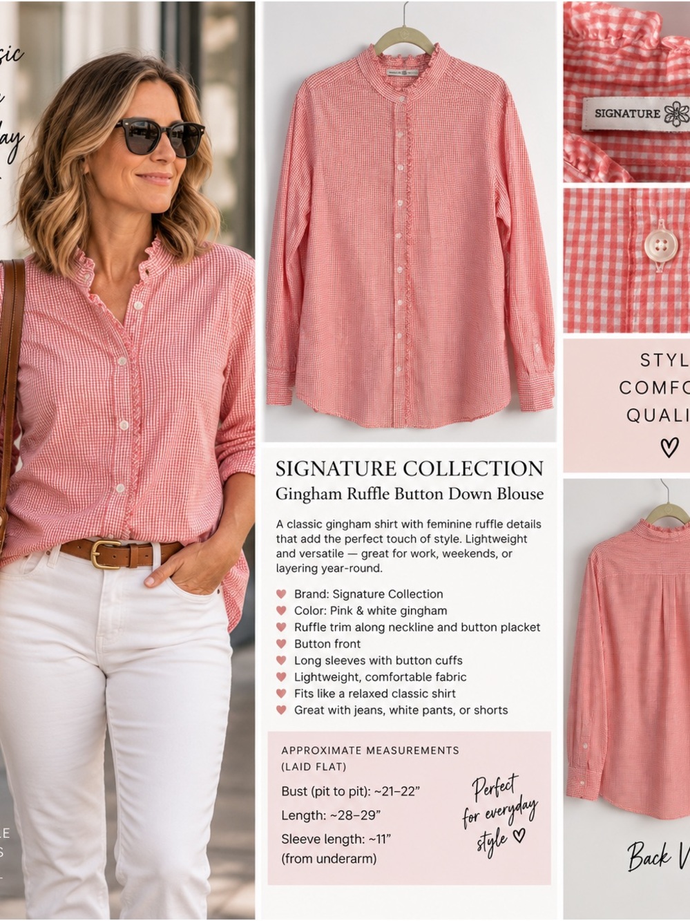 Signature Collection Pink Gingham Ruffle Button-Down Shirt